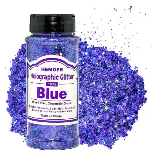 HEMOER paillettes olografiche glitter grosso, blu 100g olografiche chunky paillettes glitter unghie per viso, corpo, occhi, capelli, unghie, glitter per hobby creativi
