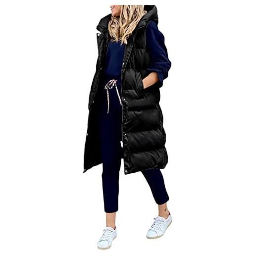 N /D womens down vest with stand collar thick hooded sleeveless zipper single-breasted long coats winter jacket (black, medium)