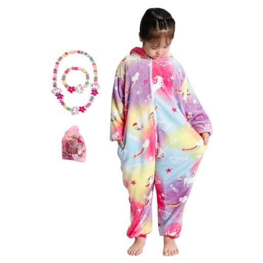 Linke pigiama intero per bambine in morbido peluche a forma di unicorno, comodo regalo con braccialetto e collana colorati gratuiti, pegaso arcobaleno 1, 5-6 anni