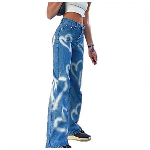 Babao jeans con stampa a cuore da donna, pantaloni dritti a vita alta jeans larghi streetwear pantaloni larghi in denim con tasche