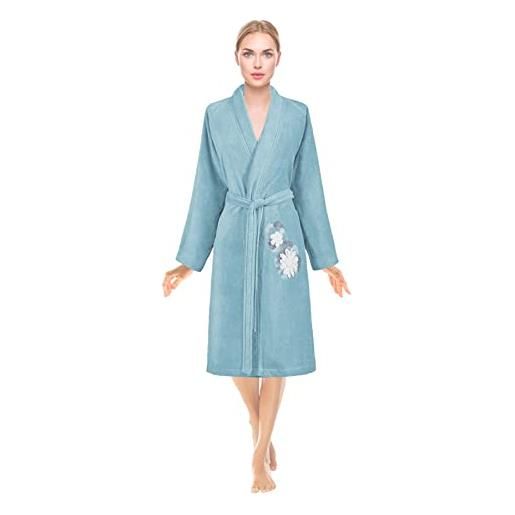TANEM HOME accappatoio da donna in cotone kimono con ricamo, accappatoio da sauna, colore turchese, m