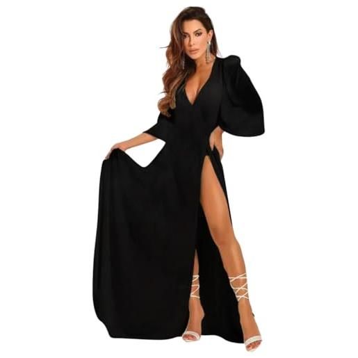 Generico abito donna lungo spacco alto scollo profondo elegante nero/taglia unica