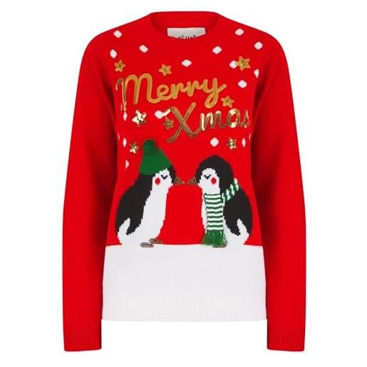 Tokyo Laundry women's kissing penguin sequin novelty knitted christmas jumper in tokyo red - merry christmas - 16/xl