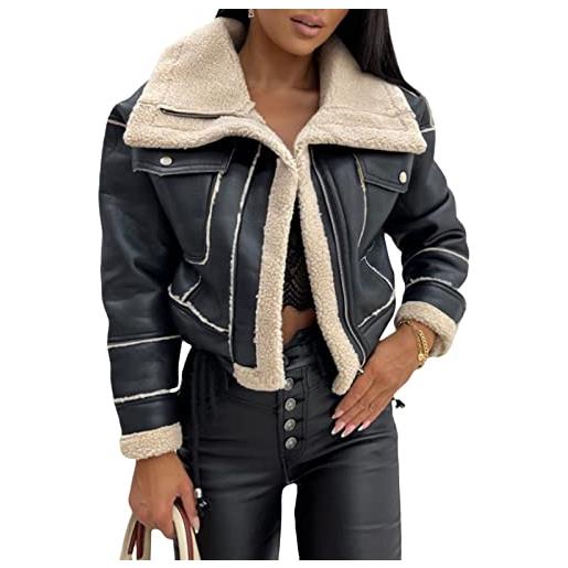 FeMereina giacca da donna in finta pelle scamosciata, da motociclista, foderata in sherpa, con colletto in pelliccia, invernale, stile aviatore, bomber, cachi chiaro, l