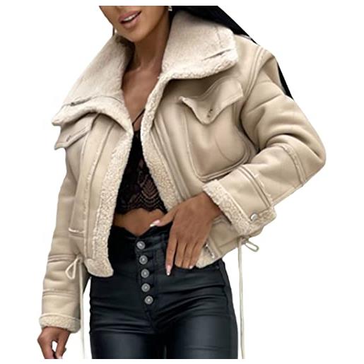 FeMereina giacca da donna in finta pelle scamosciata, da motociclista, foderata in sherpa, con colletto in pelliccia, invernale, stile aviatore, bomber, nero , m