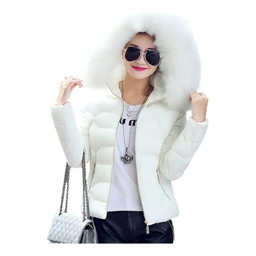 ANUFER donna moda piumino trapuntato vestibilità slim inverno cappotto corto con cappuccio in pelliccia sintetica sd5a1012 blu l
