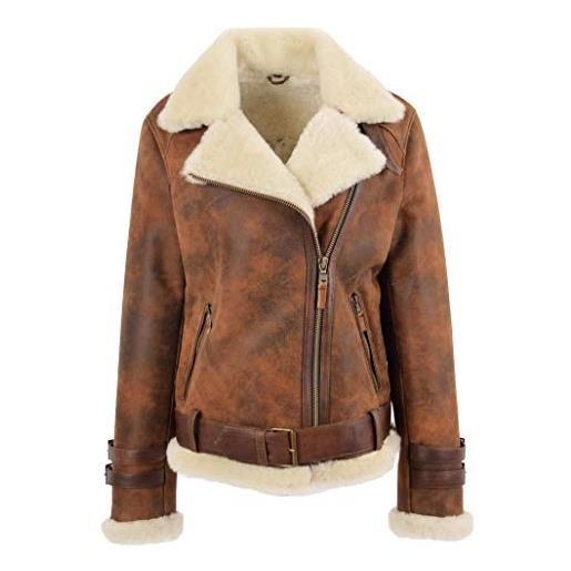 House Of Leather giacca da donna in vera pelle di pecora da aviatore, con cerniera incrociata, stile biker, marrone anticato. , 12