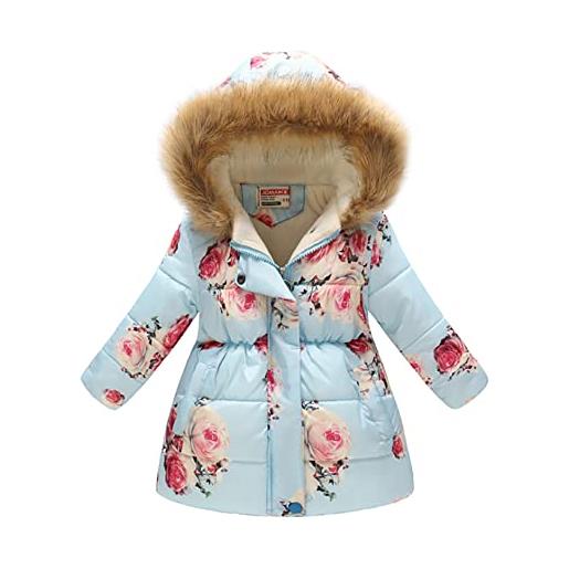 Choomomo piumino con cappuccio bambina giubbino incappucciato cappotto invernale con stampa fiori ragazze giubbotto inverno giacca casual a manica lunga bambine giacchetto azzurro 2-3 anni
