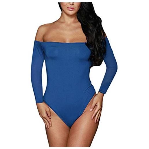 Huixin donna body manica lunga senza spalline elegante bodysuit blusa tops puro colore moda slim fit pagliaccetto shirt (blu, s)