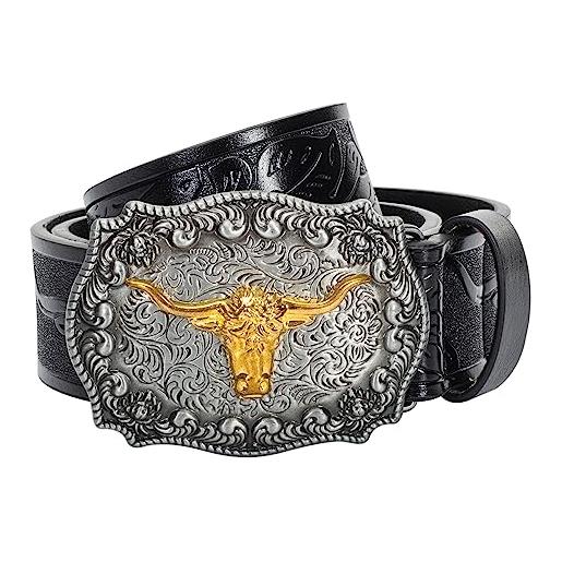JowTreex cintura con fibbia in pelle occidentale - cowboy longhorn modello toro fibbia cintura floreale incisa cintura per uomo donna, nero , 43''/110cm, for 33-39''waist