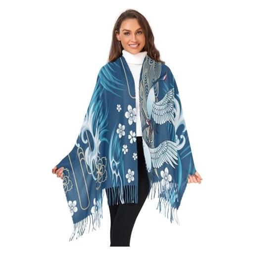 550 scialle sciarpe donna uccello etnico giapponese dell'onda della gru bianca orientale, foulard donna classica sciarpa donna invernale stampata wrap shawl