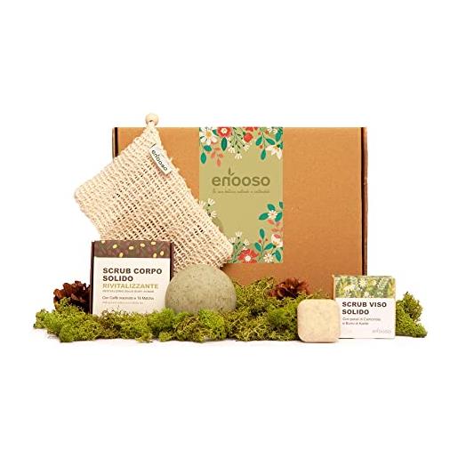 Enooso - gift box con 3 prodotti regali beauty - scrub corpo esfoliante + detergente viso aloe e camomilla esfoliante + porta sapone