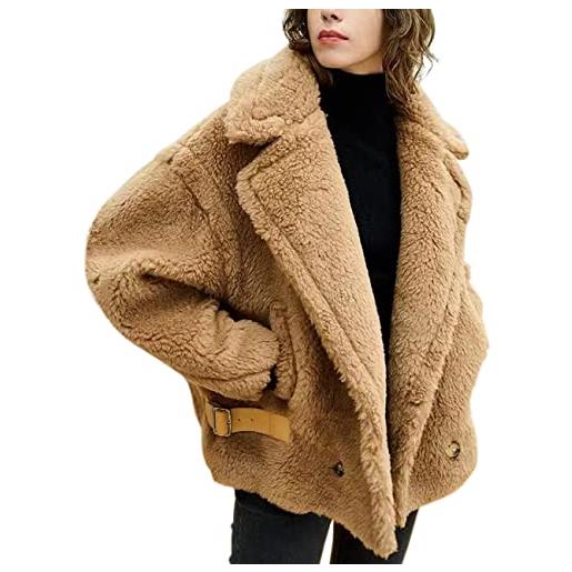 FLAVOR cappotto di lana da donna oversize con pelliccia fuzzy, cammello, l