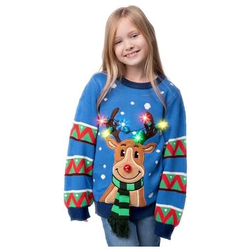 JOYIN maglione natalizio per bambini con illuminazione a led, renna, brutto maglione natalizio, lampadine integrate per ragazze e ragazzi (rosso/blu), blu, 10-12 anni