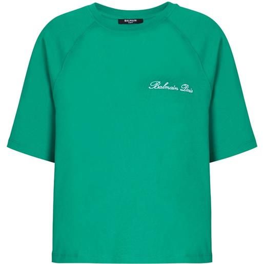 Balmain t-shirt signature con ricamo crop - verde