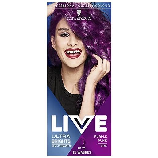 Schwarzkopf - tinta per capelli live ultra brights or pastels, semi-permanente, colori vivaci, dura fino a 15 lavaggi, colore viola (094 purple punk)