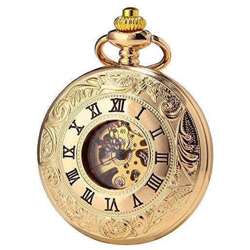 SEWOR orologio da tasca dress doppio coperchio e carica manuale, con confezione regalo in pelle a fascia (oro)