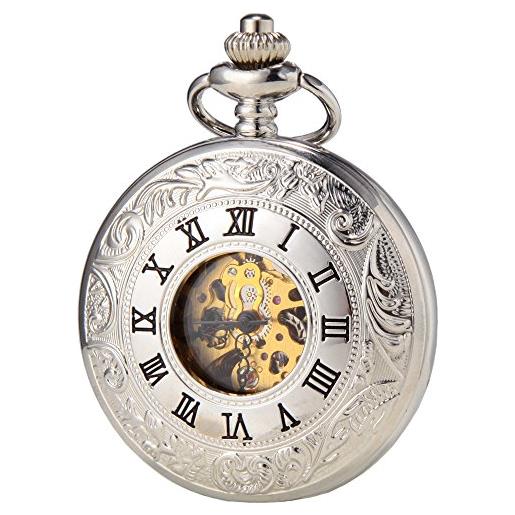 SEWOR orologio da tasca dress doppio coperchio e carica manuale, con confezione regalo in pelle a fascia (argento)