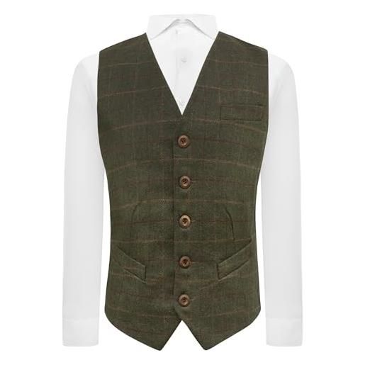 King & Priory gilet da uomo heritage check verde muschio, tweed, vestibilità sartoriale, verde, xl