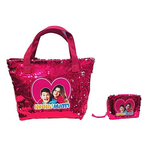 FCP shopper borsa ninna & matti per bambina - esterno in paillettes fucsia 25 x 25 x 5cm + portafoglio 12 x 9 cm con portachiave paillettes