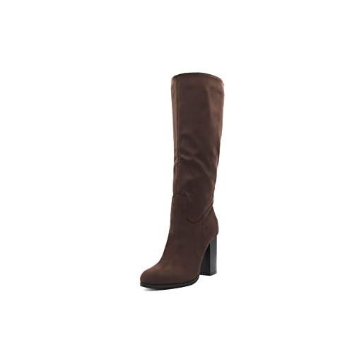 QUEEN HELENA stivali alti con tacco zip laterale effetto scamosciato casual invernali donna x27-174 (marrone, 36)