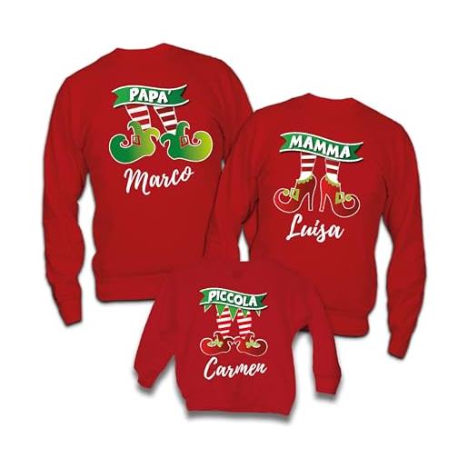 Generico set tris di felpe famiglia natale rosse maglie natalizie per papà mamma bambino bambina maglione personalizzate con nome ''scarpette elfi'' idea regalo natale natalizia