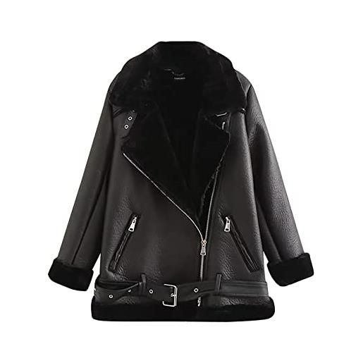 Generic giacca in pelle imbottita da donna lunga trapuntata con cappuccio rimovibile in pelliccia, nero , s