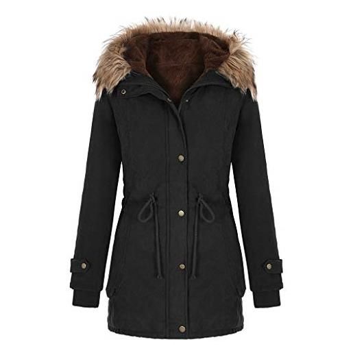 HHMY cappotto invernale da donna, lungo, casual, giacca funzionale trapuntata con pelliccia sintetica, con cappuccio, trapuntato, parka invernale, taglie s-xxl, nero , s