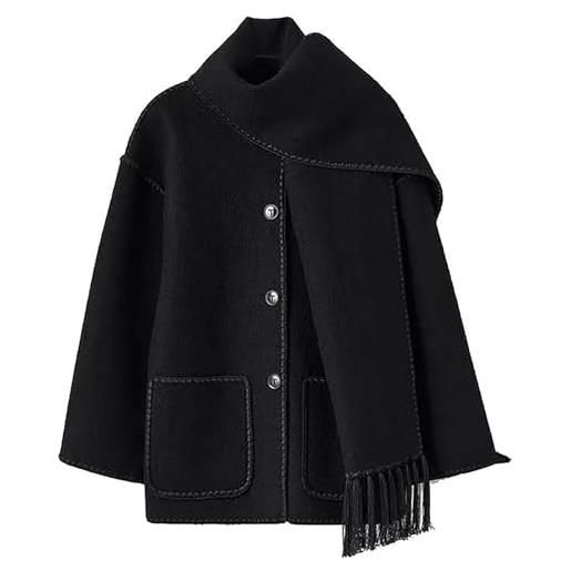 SteFik hepburn style lana cape coat, 2024 new embroidered scarf jacket, giacca in miscela di lana oversize con scarf, cappotto in lana moda autunno e inverno addensato allentato con frangia scarf