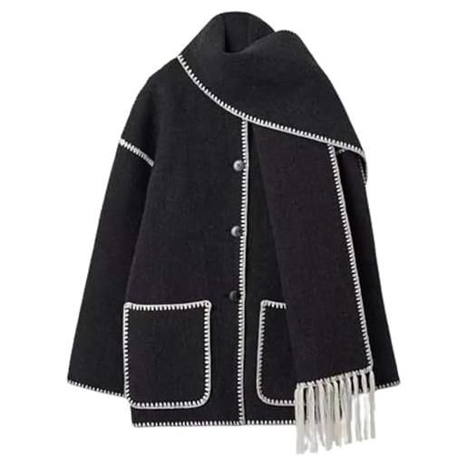 SteFik hepburn style lana cape coat, 2024 new embroidered scarf jacket, giacca in miscela di lana oversize con scarf, cappotto in lana moda autunno e inverno addensato allentato con frangia scarf