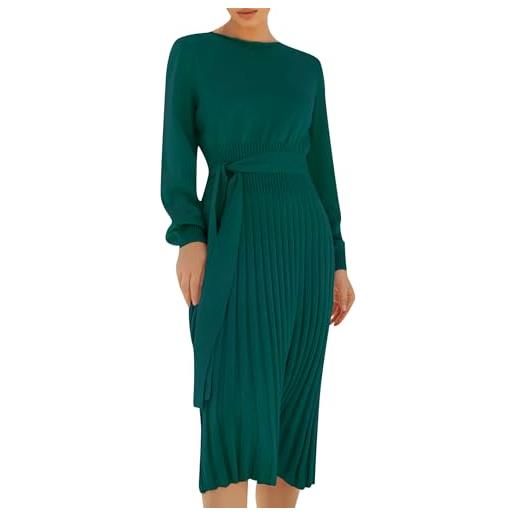 OMZIN elegante abito lungo a maniche lunghe della lanterna delle donne girocollo in maglia con cravatta in vita abito leggero e alla moda verde m