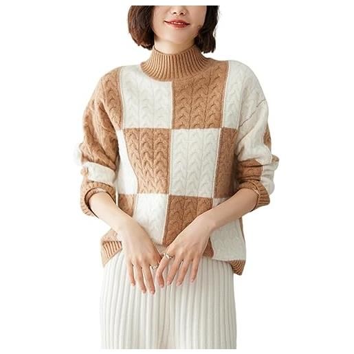 E-girl maglione da donna 95% cashmere con colletto alto, a maniche lunghe, in lana di cashmere, a quadri, rilassato, yd2323, bianco e kaki, 46
