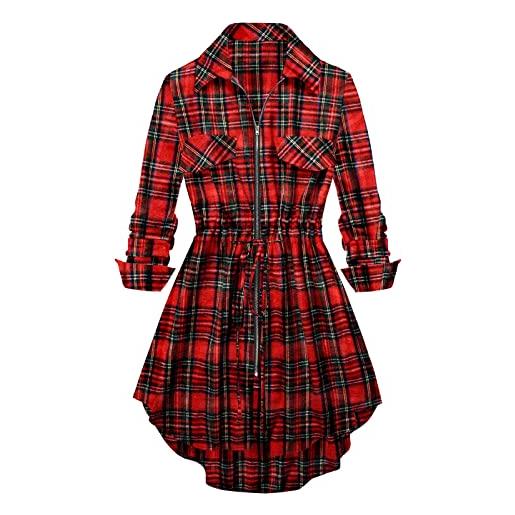 Generic camicia da donna vintage scozzese con cerniera a maniche lunghe a maniche lunghe, rosso, xxl