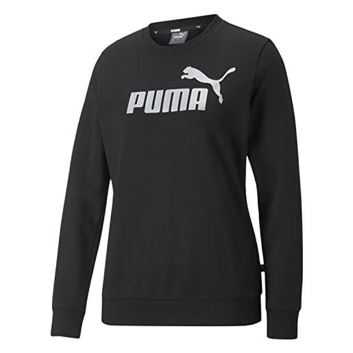 PUMA ess+ logo metallico crew fl maglietta, nero-argento metallizzato, s donna