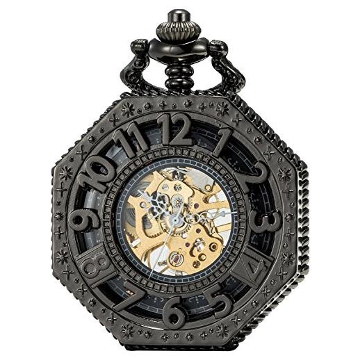 SEWOR, orologio da tasca ottagonale, in stile anticato traforato con numeri arabi, movimento meccanico (nero)