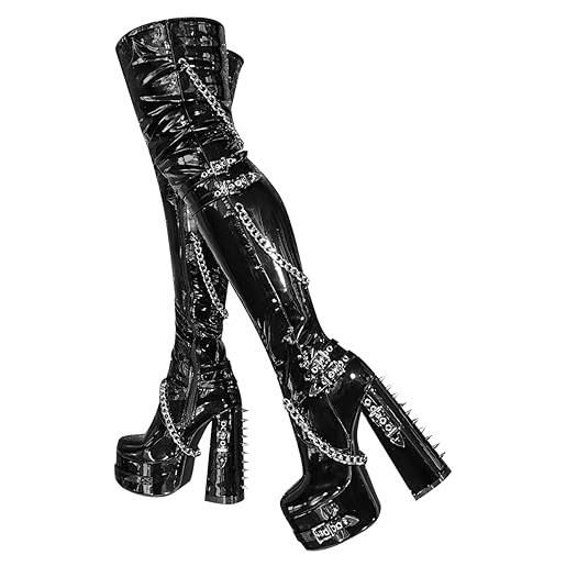 blingqueen stivali da donna sopra il ginocchio, con tacco a blocco, punk, pintura nero, 40 eu