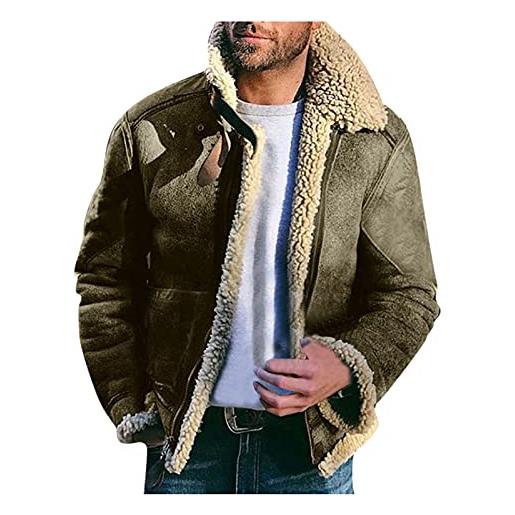 ZHINIAN giacca invernale da uomo in lana solida e calda con finiture in pile cardigan corto casual risvolto giuntura giacca leggera in pile, verde, xl