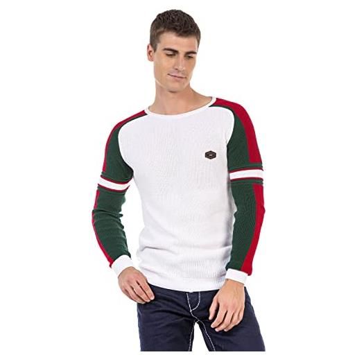 Cipo & Baxx maglione da uomo con motivo a blocchi di colore, con scollo rotondo, cp249, bianco, s
