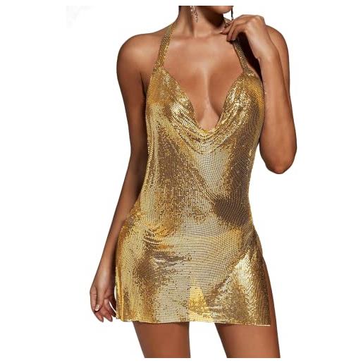 BELLA BARNETT mini abito glitterato per partito in rete con diamanti per abito da sera da donna aderente metallizzato, oro, s