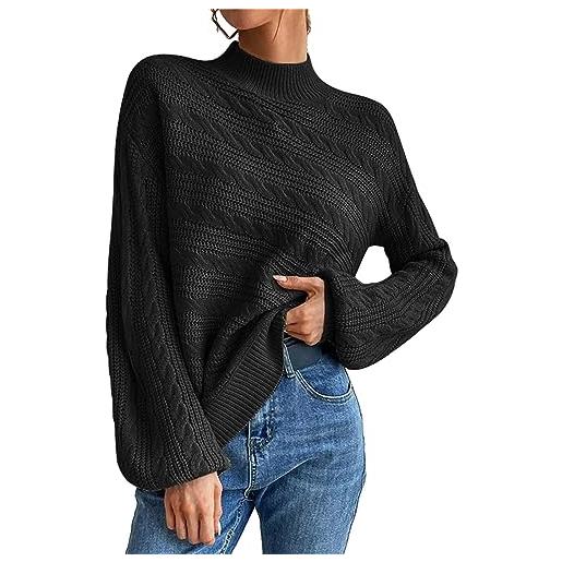 FNKDOR 2023 maglione da donna autunno inverno semplice motivo a treccia maglioni, nero , xl