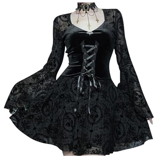 SEAUR vestito gotico donna in pizzo a maniche lunghe con lacci abito da sera nero elegante vintage con scollo a v vestito da festa in velluto s
