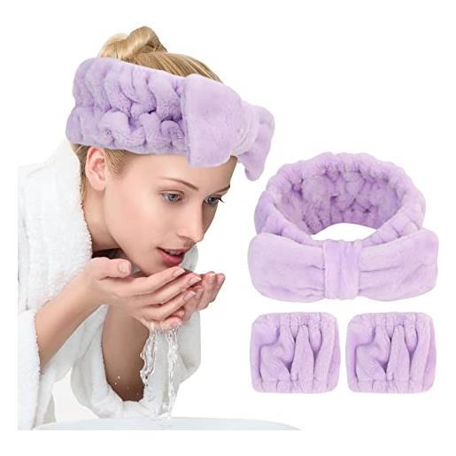 UNIMEIX 3 pack spa headband and wrist washband face wash set, reusable soft makeup headband fleece skincare headband for washing face shower (loose purple)