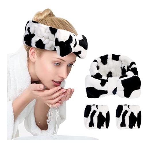 UNIMEIX 3 pack spa headband and wrist washband face wash set, reusable soft makeup headband fleece skincare headband for washing face shower (loose cow)