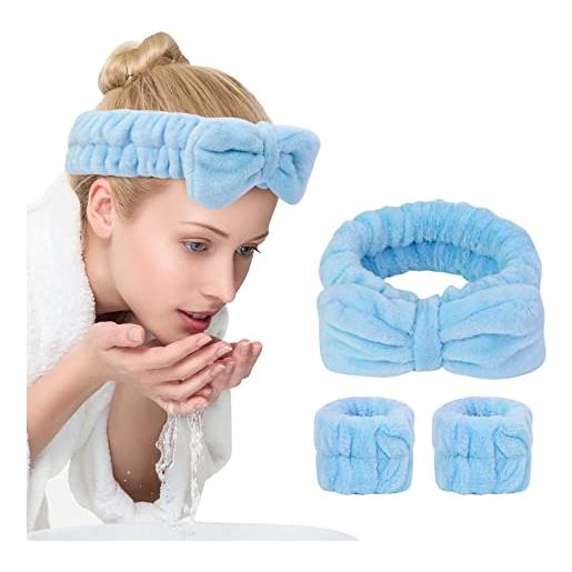 UNIMEIX 3 pack spa headband and wrist washband face wash set, reusable soft makeup headband fleece skincare headbands for washing face shower (narrow blue)