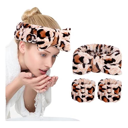 UNIMEIX set da 3 fasce per capelli e polsi, riutilizzabili, in morbido pile, per lavare il viso, la doccia (leopardo stretto)