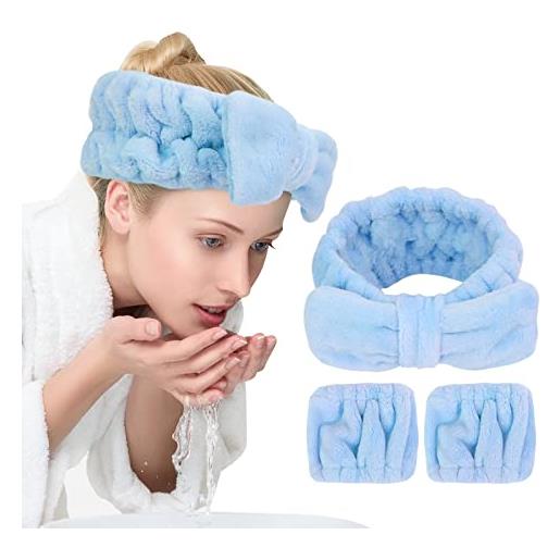 UNIMEIX 3 pack spa headband and wrist washband face wash set, reusable soft makeup headband fleece skincare headband for washing face shower (loose blue)
