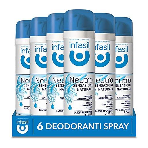 Infasil deodorante spray neutro sensazioni naturali fragranza marina, antimacchia, senza sali di alluminio, 6 deodoranti da 150 ml