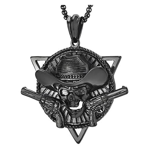 COOLSTEELANDBEYOND uomo nero acciaio cappello cowboy vichingo pirata cranio cerchio triangolo collana pendente teschio, catena 75cm