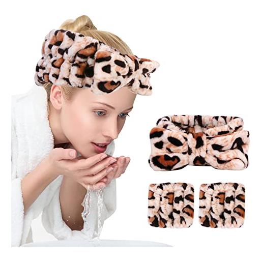UNIMEIX set da 3 fasce per capelli e polsi, riutilizzabili, in morbido pile, per lavare il viso, la doccia (leopardo sciolto)