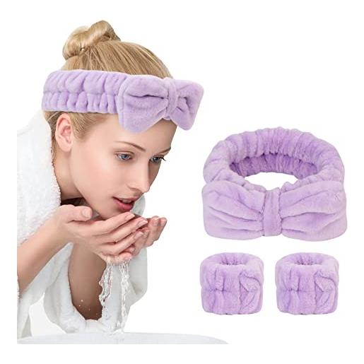 UNIMEIX 3 pack spa headband and wrist washband face wash set, reusable soft makeup headband fleece skincare headband for washing face shower (narrow purple)
